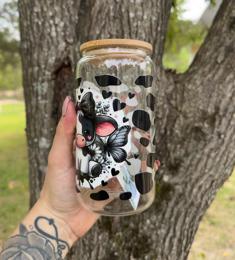 Cow with Bow 16 oz Glass Can w/ Straw