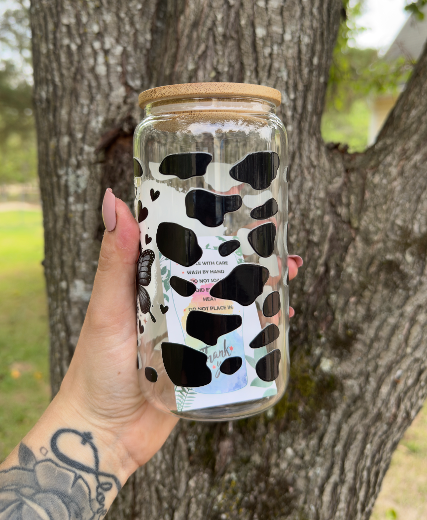 Cow with Bow 16 oz Glass Can w/ Straw