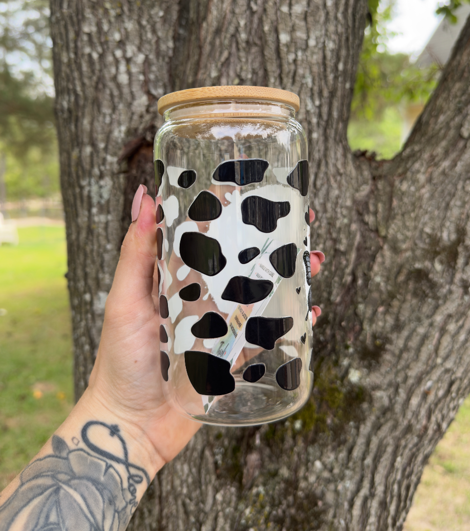 Cow with Bow 16 oz Glass Can w/ Straw