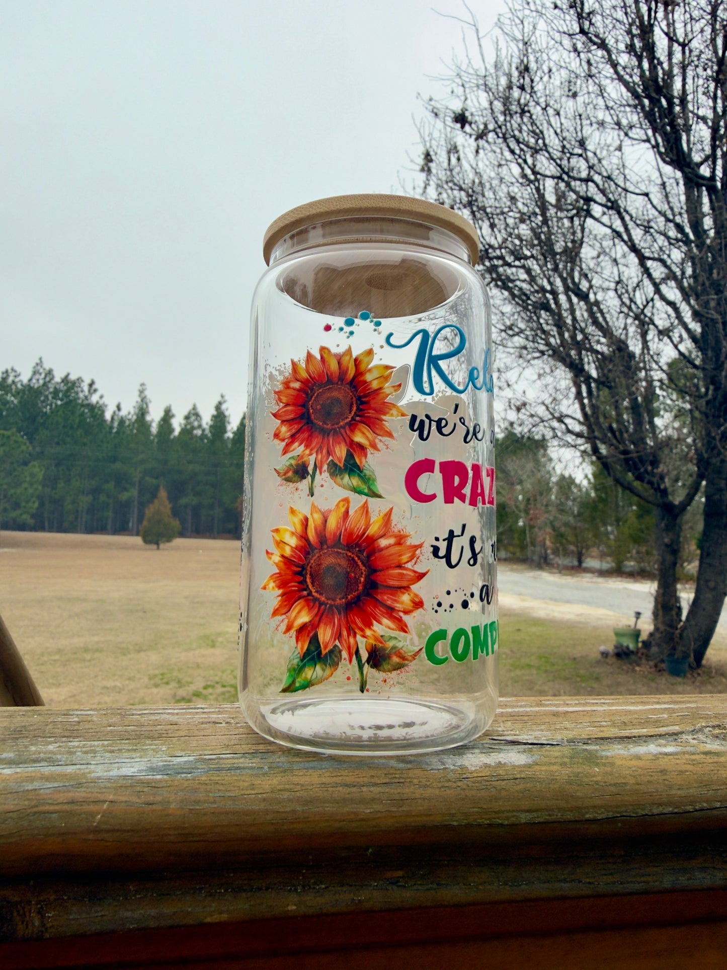 Crazy Chicken Sunflower 16 oz Glass Can w/ Straw