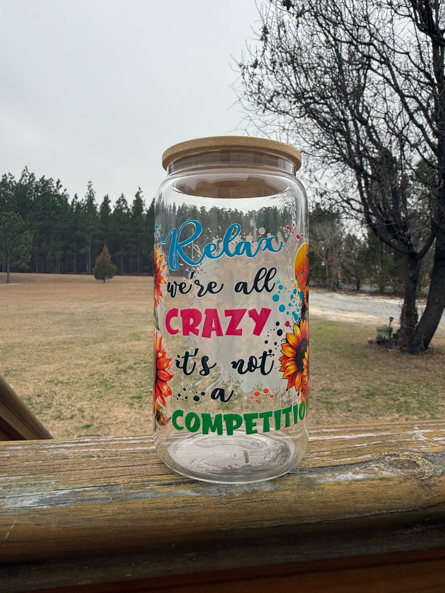 Crazy Chicken Sunflower 16 oz Glass Can w/ Straw