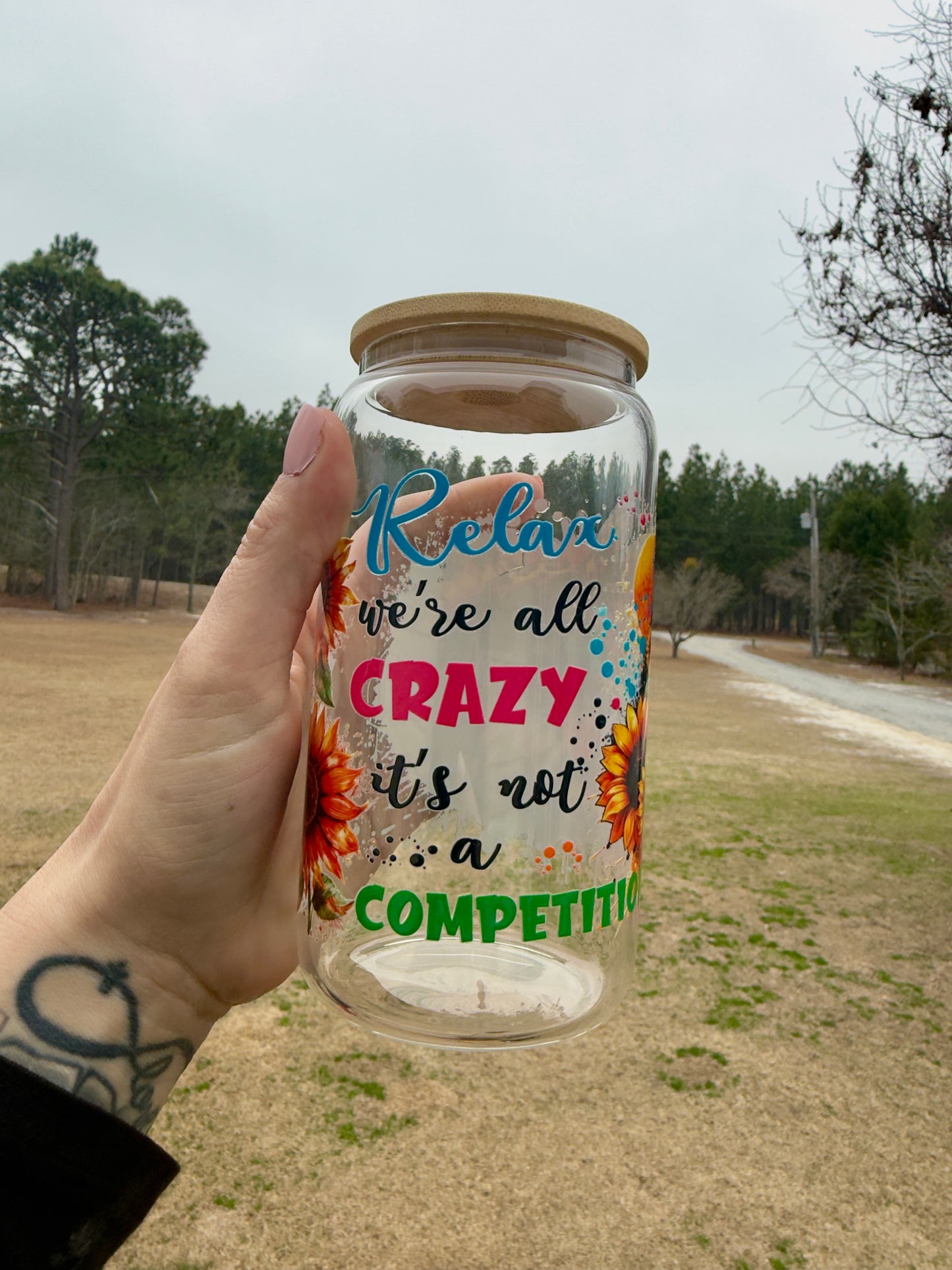 Crazy Chicken Sunflower 16 oz Glass Can w/ Straw