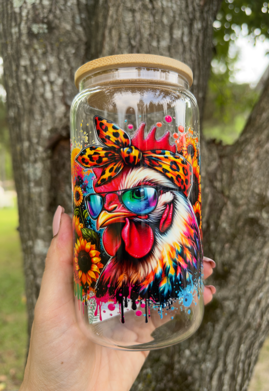 Crazy Chicken Sunflower 16 oz Glass Can w/ Straw