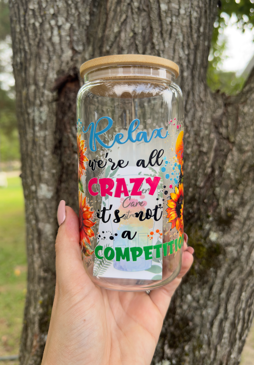 Crazy Chicken Sunflower 16 oz Glass Can w/ Straw