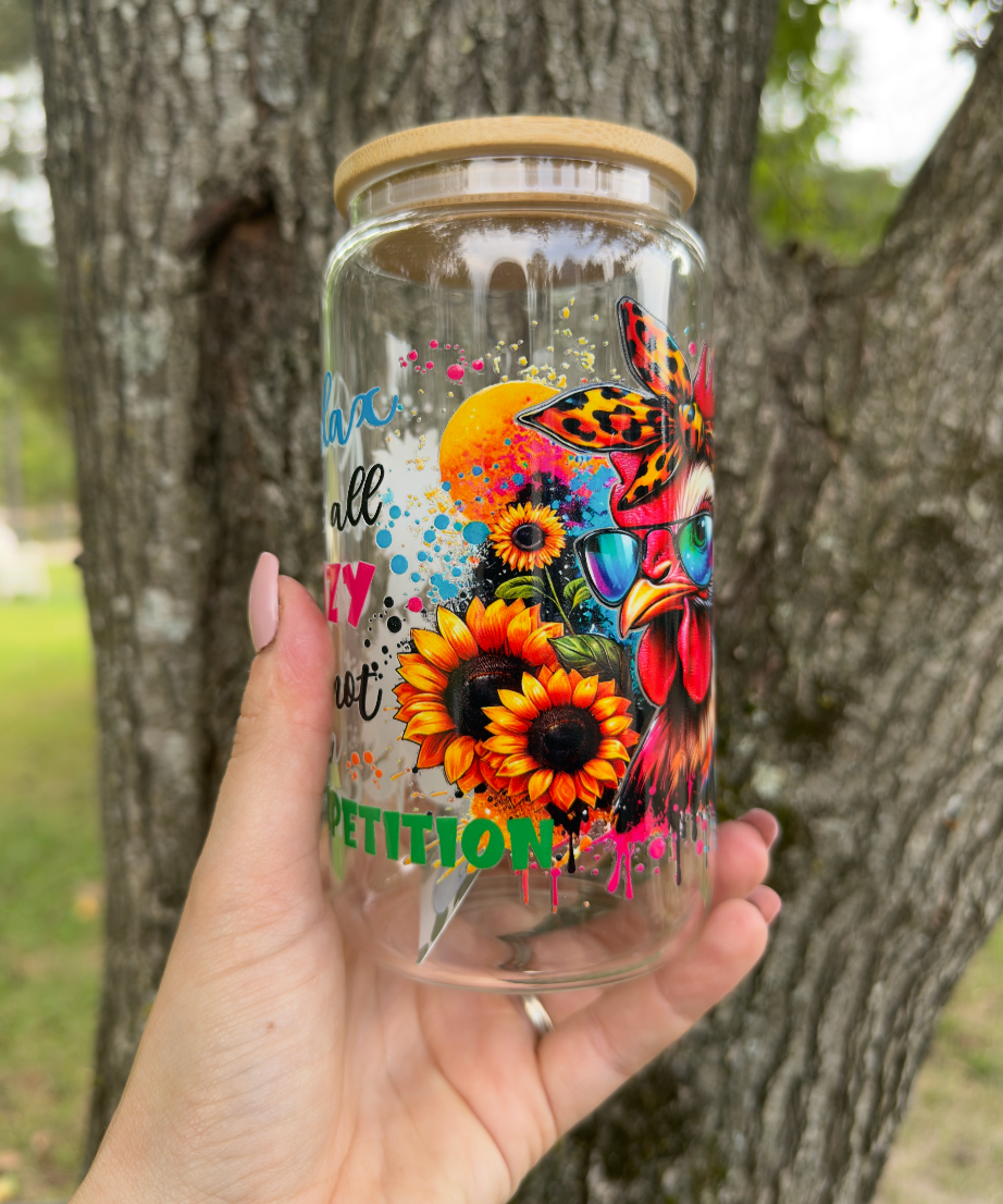 Crazy Chicken Sunflower 16 oz Glass Can w/ Straw