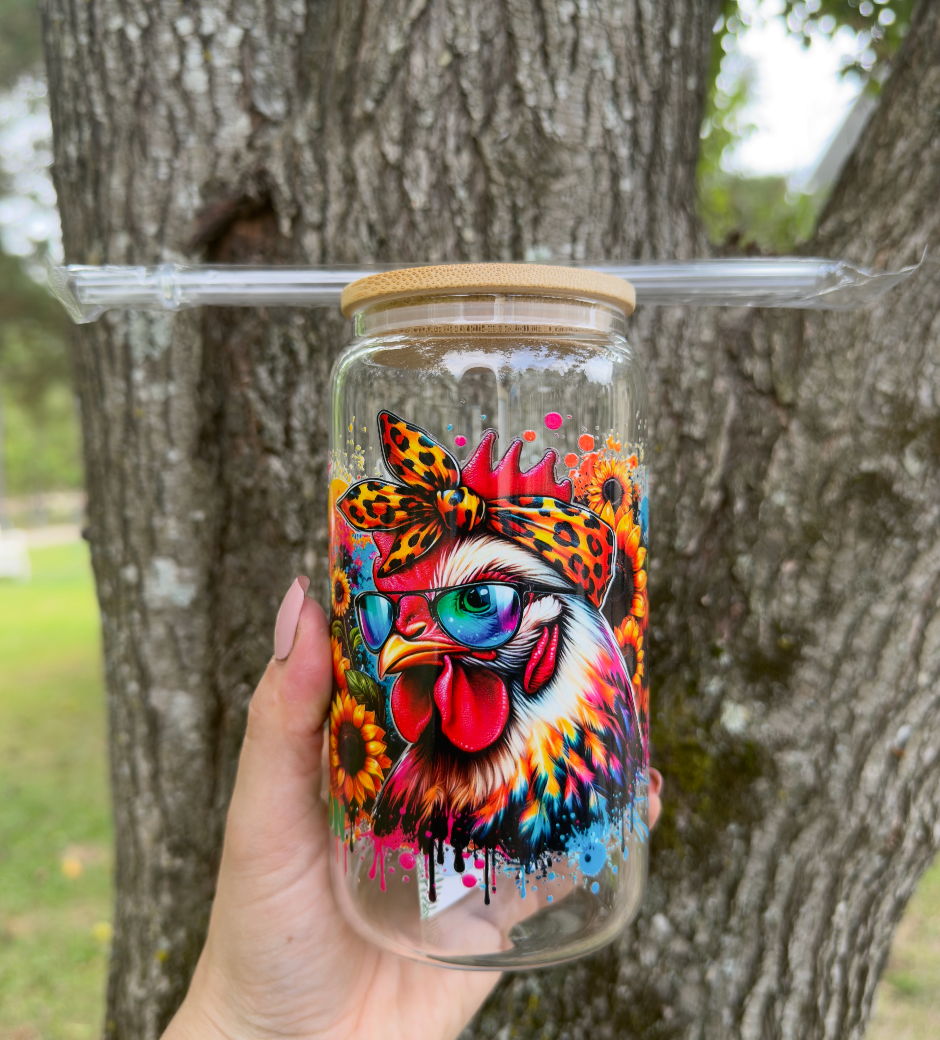 Crazy Chicken Sunflower 16 oz Glass Can w/ Straw