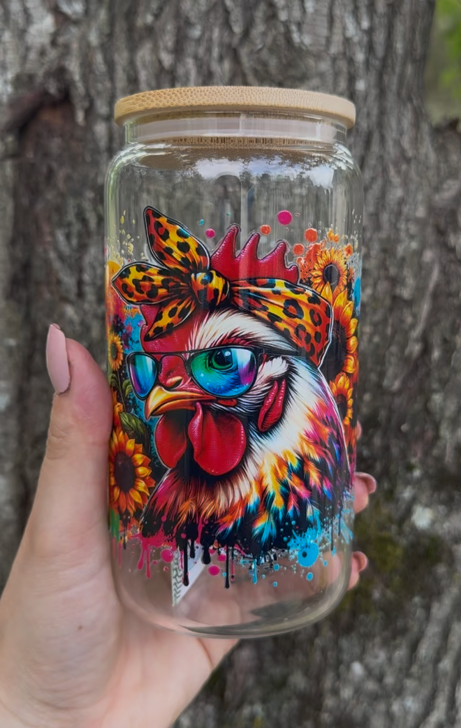 Crazy Chicken Sunflower 16 oz Glass Can w/ Straw