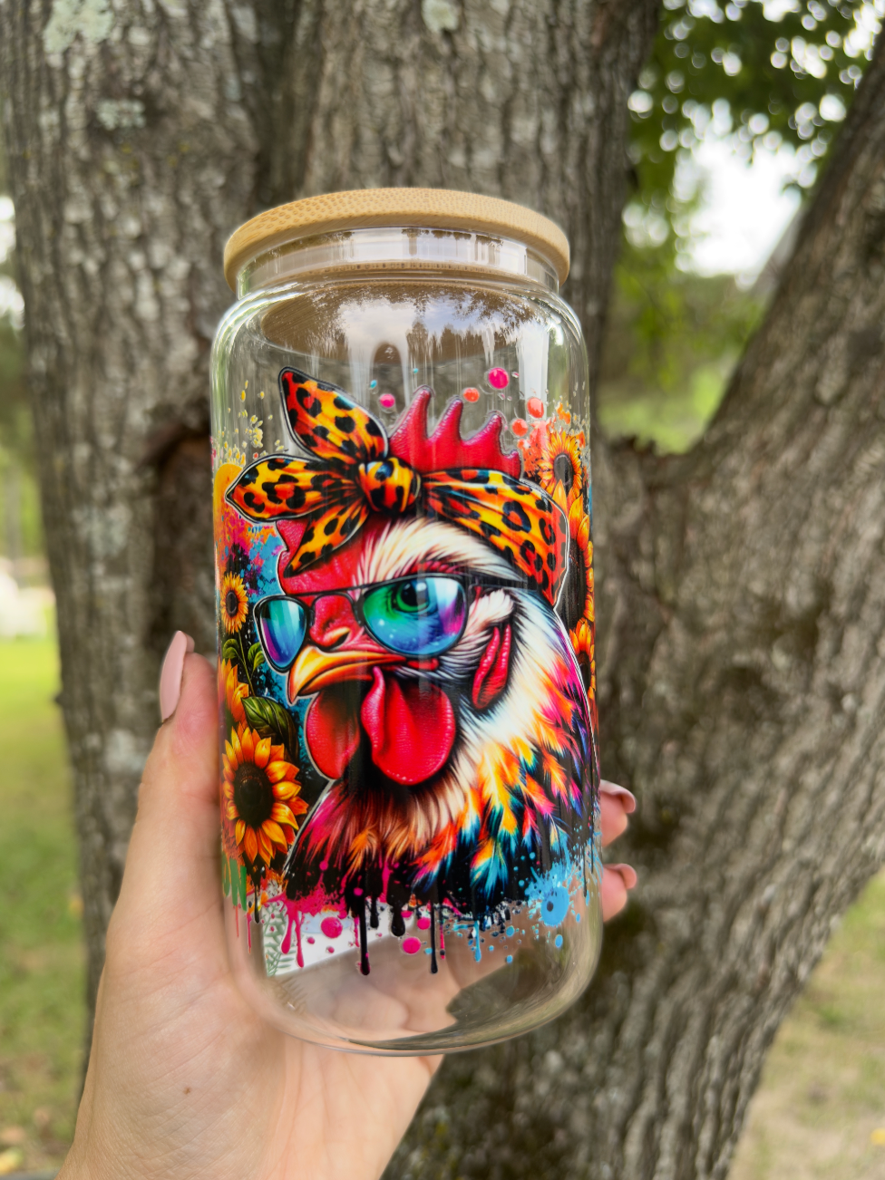 Crazy Chicken Sunflower 16 oz Glass Can w/ Straw