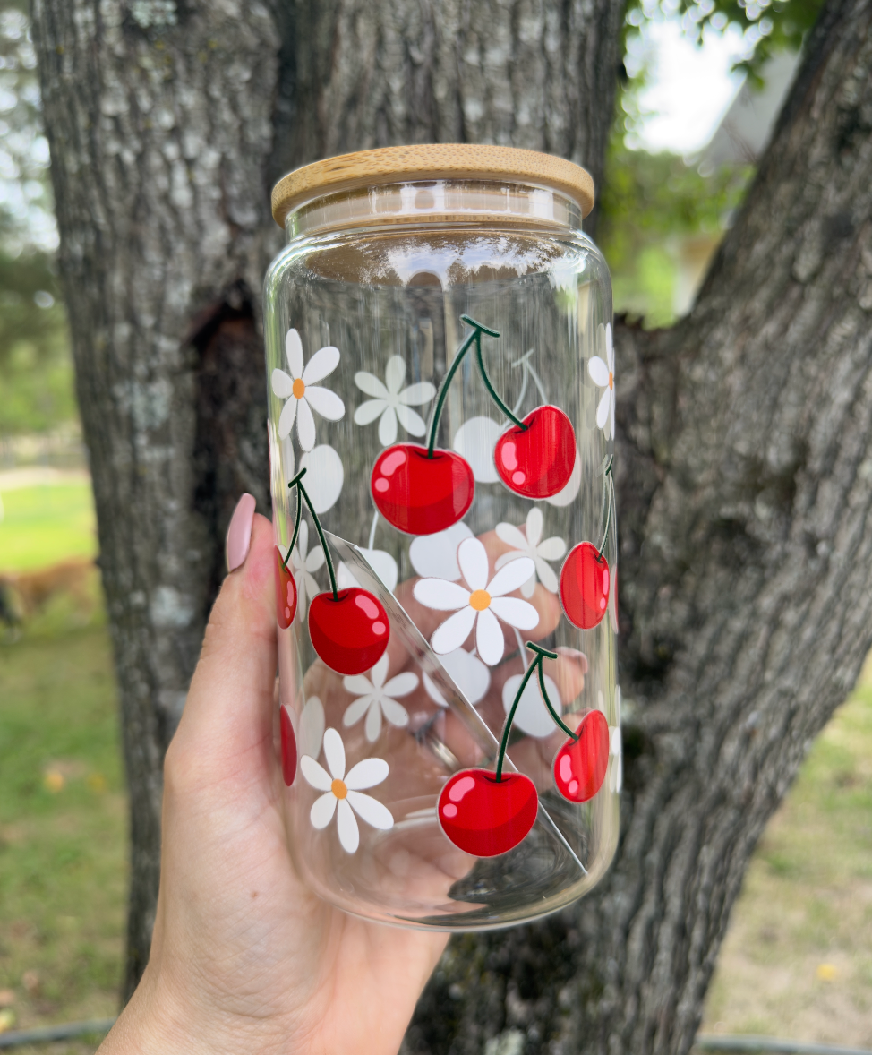 Daisies & Cherries 16 oz Glass Can w/ Straw