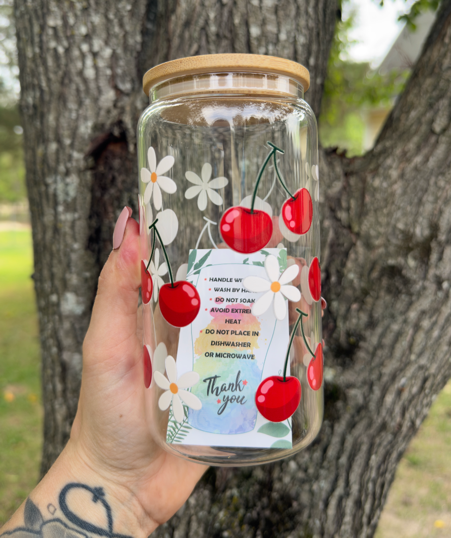 Daisies & Cherries 16 oz Glass Can w/ Straw