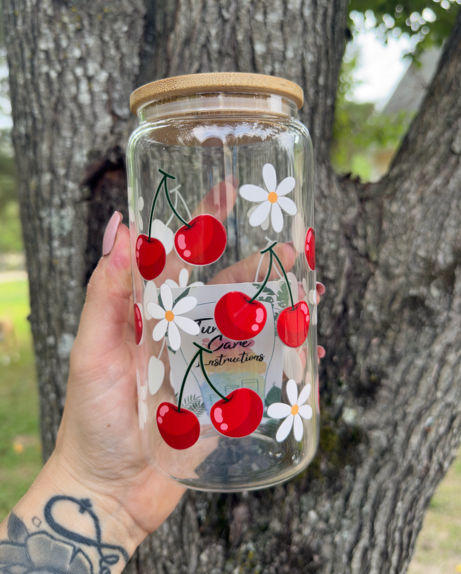 Daisies & Cherries 16 oz Glass Can w/ Straw