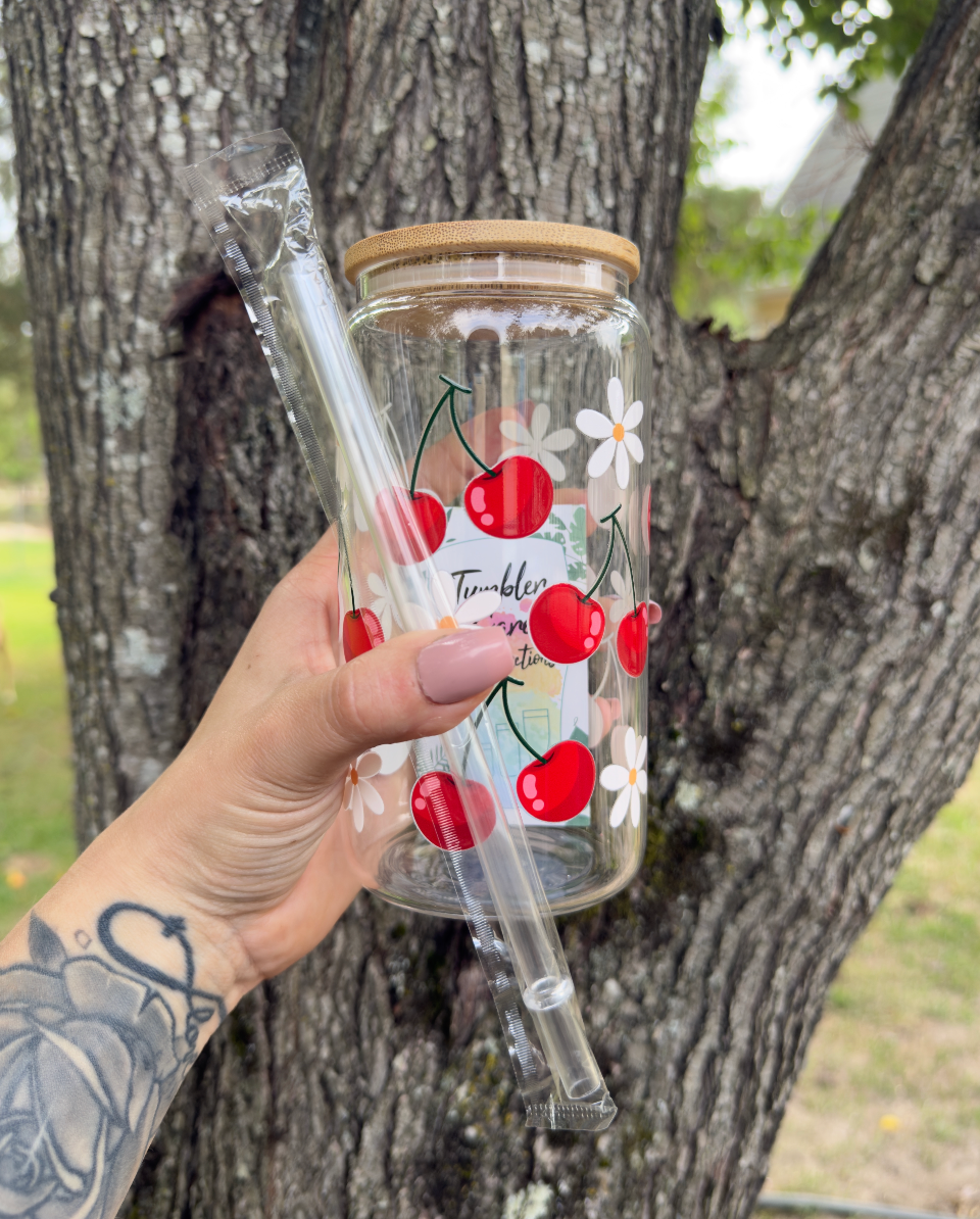 Daisies & Cherries 16 oz Glass Can w/ Straw