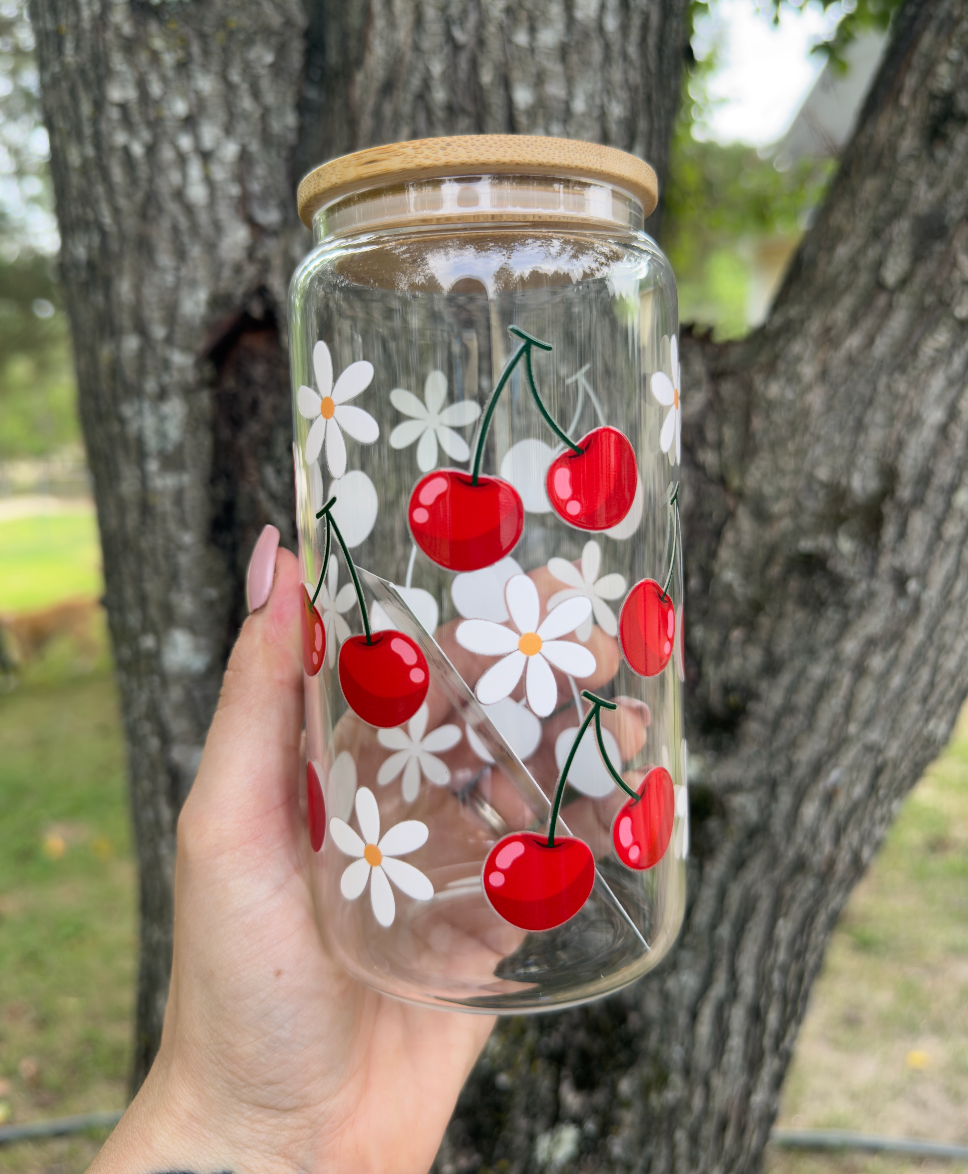 Daisies & Cherries 16 oz Glass Can w/ Straw