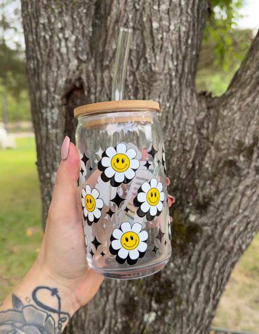 Smiley Face Daisy 16 oz Glass Can w/ Straw