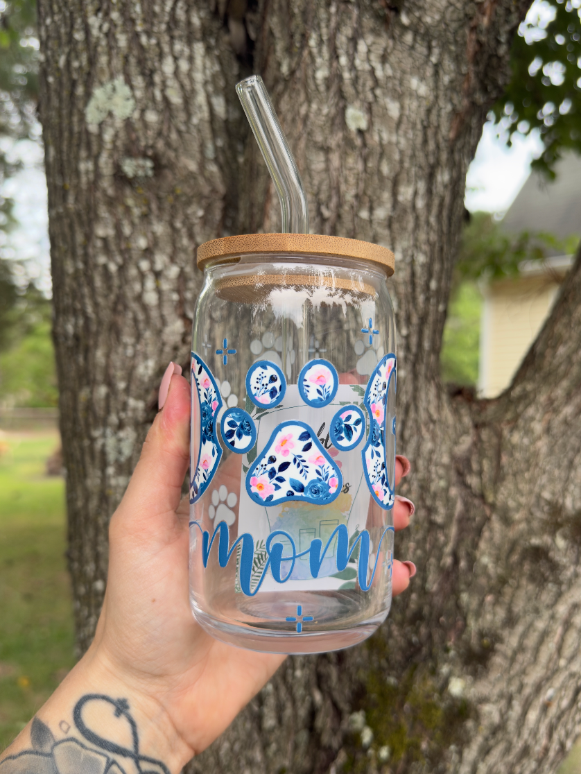 Dog Mom 16 oz Glass Can w/ Straw