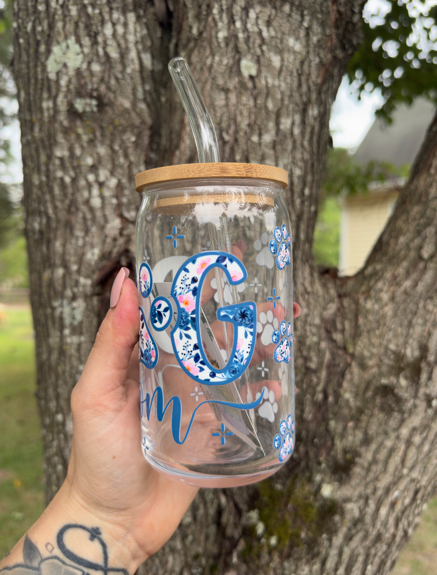 Dog Mom 16 oz Glass Can w/ Straw