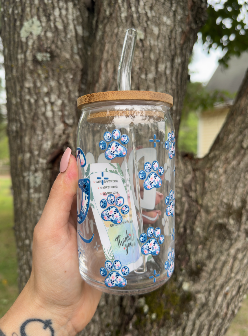 Dog Mom 16 oz Glass Can w/ Straw