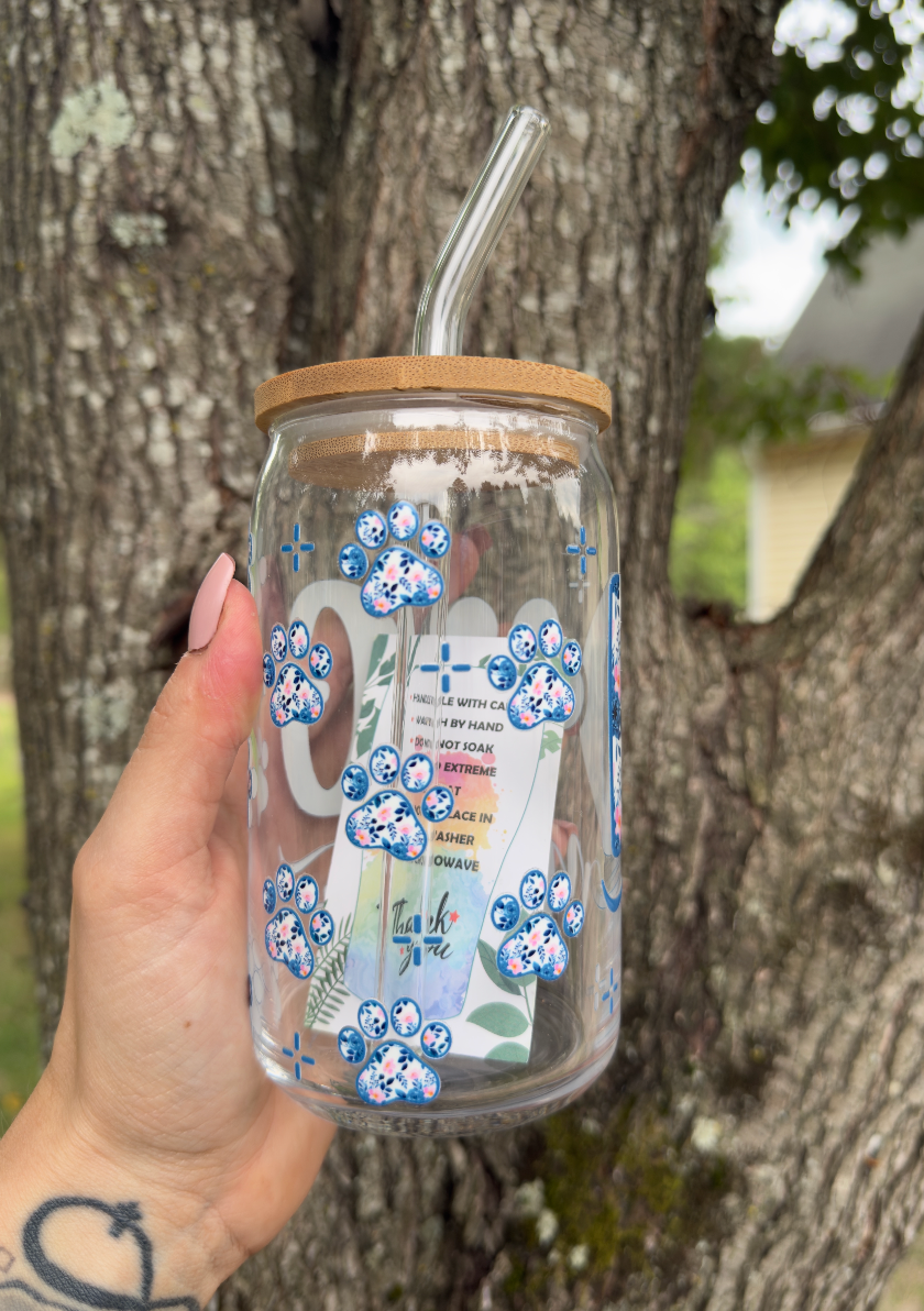 Dog Mom 16 oz Glass Can w/ Straw