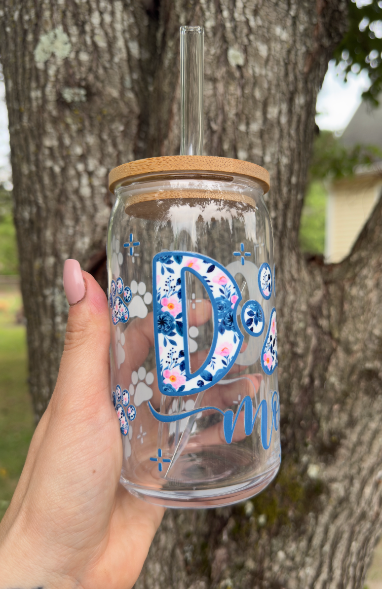 Dog Mom 16 oz Glass Can w/ Straw