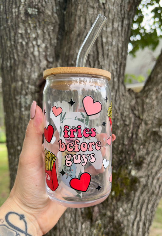 Fries Before Guys 16 oz Glass Can w/ Straw