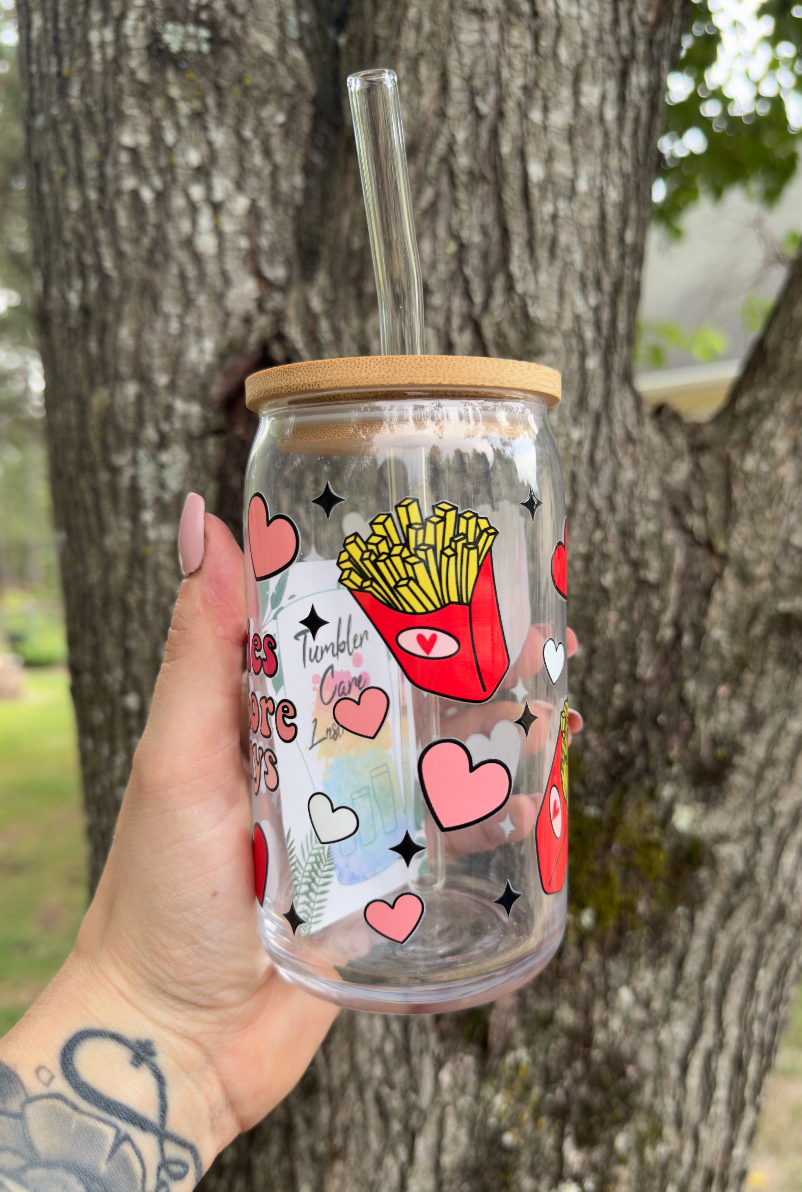 Fries Before Guys 16 oz Glass Can w/ Straw