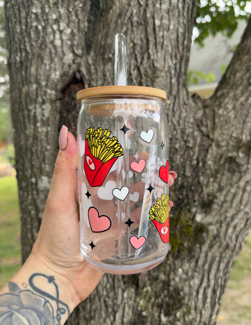 Fries Before Guys 16 oz Glass Can w/ Straw