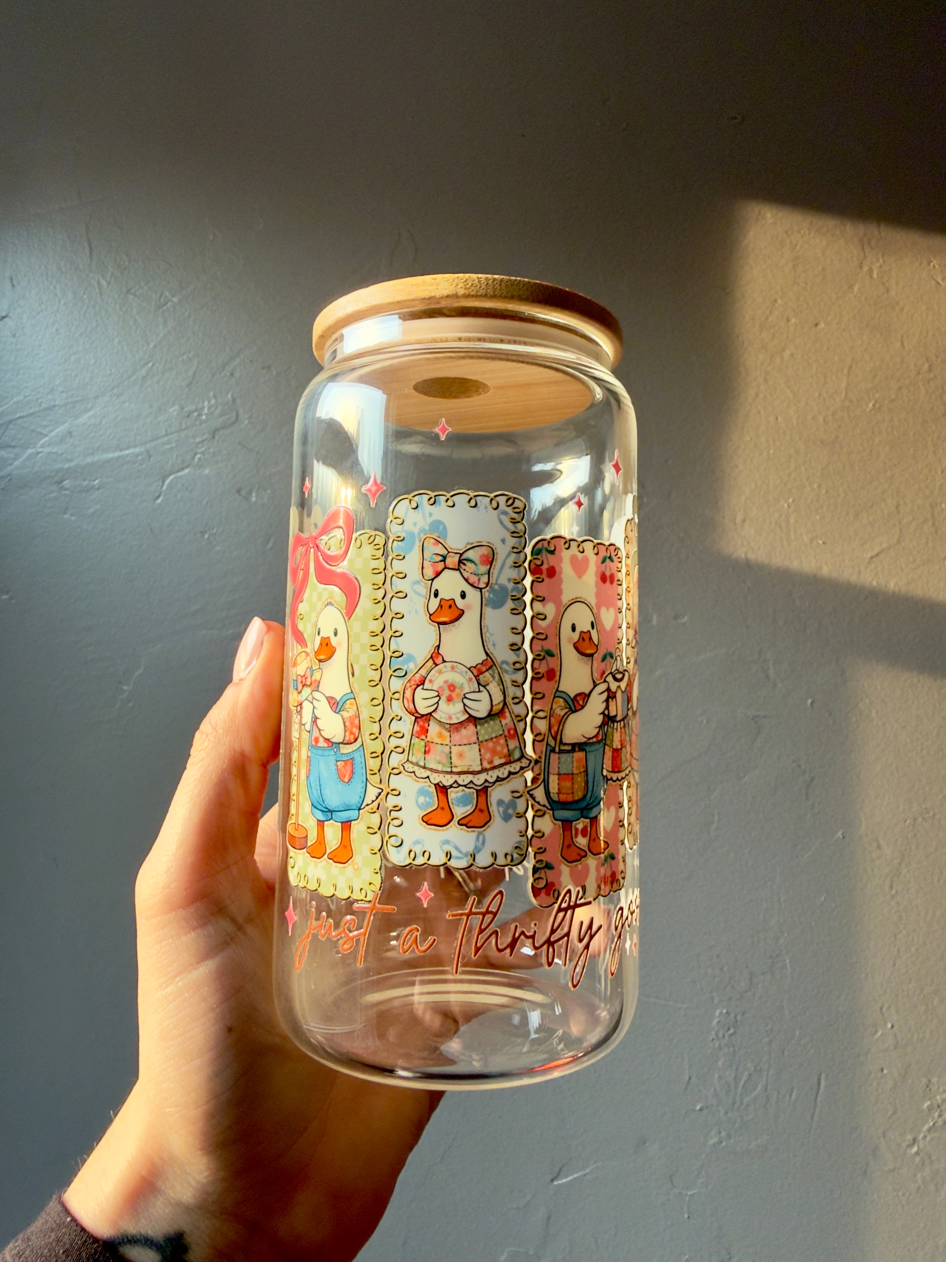 Just a Thrifty Goose Glass Cup | Vintage Duck Tumbler with Lid | Cottagecore Iced Coffee Cup