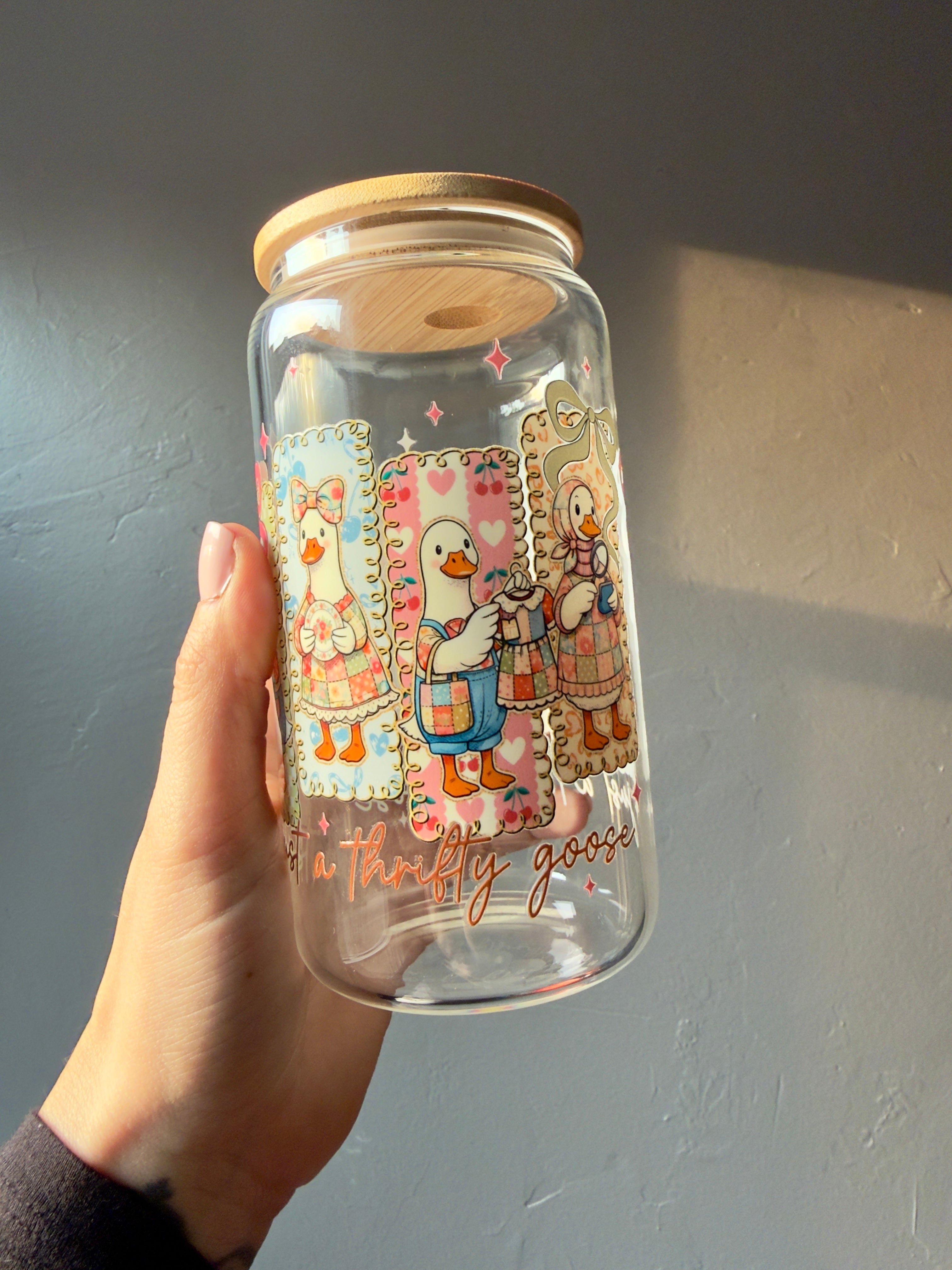 Just a Thrifty Goose Glass Cup | Vintage Duck Tumbler with Lid | Cottagecore Iced Coffee Cup