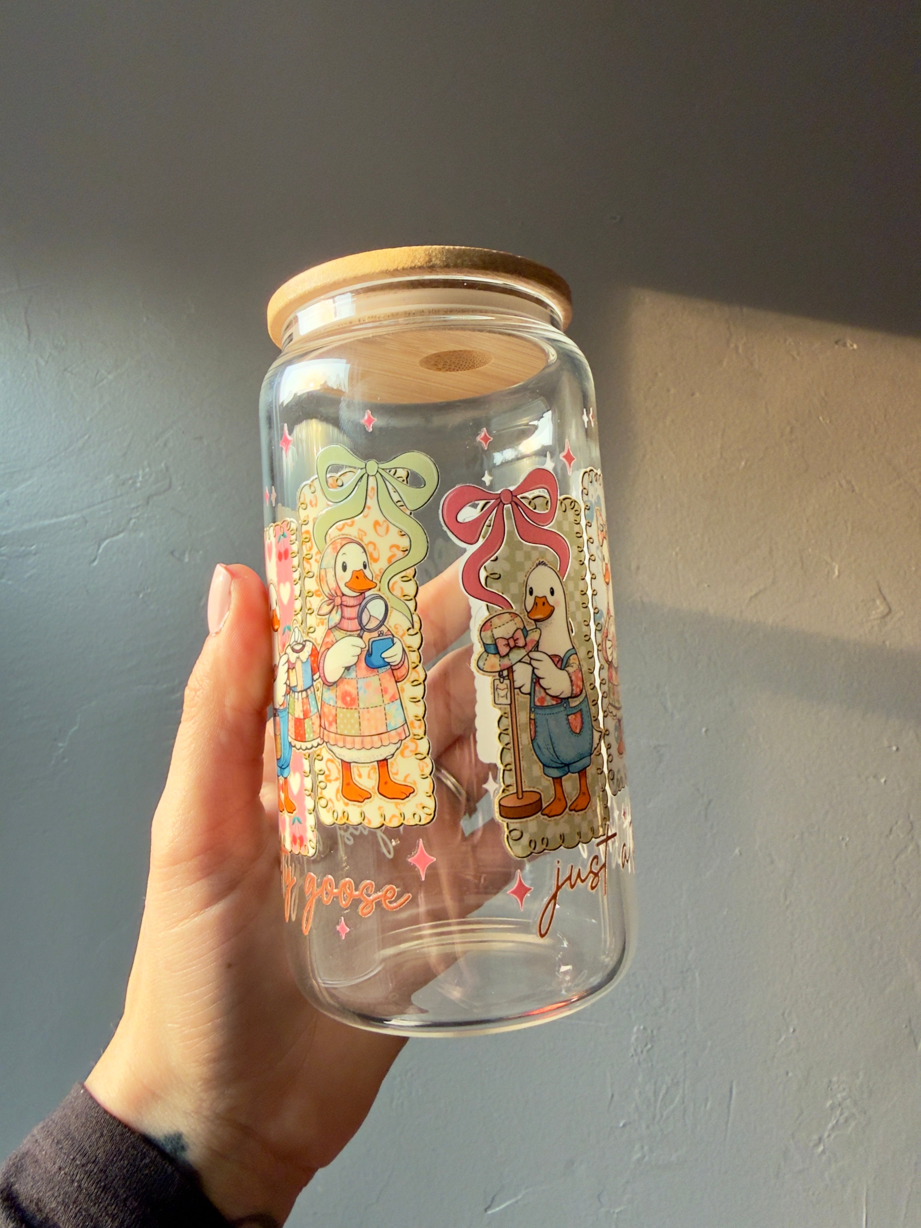 Just a Thrifty Goose Glass Cup | Vintage Duck Tumbler with Lid | Cottagecore Iced Coffee Cup