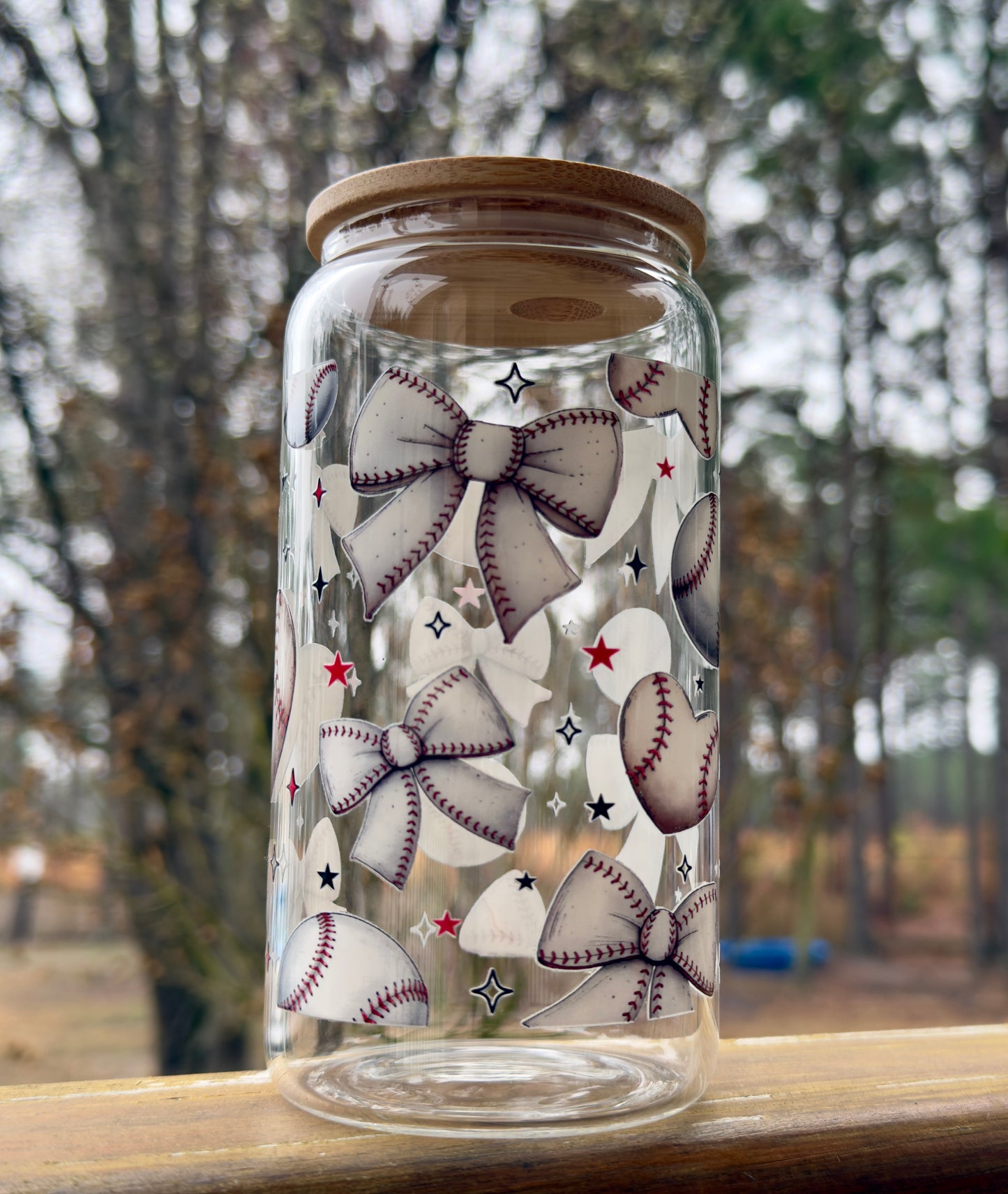 Baseball Bow 16 oz Glass Can w/ Straw
