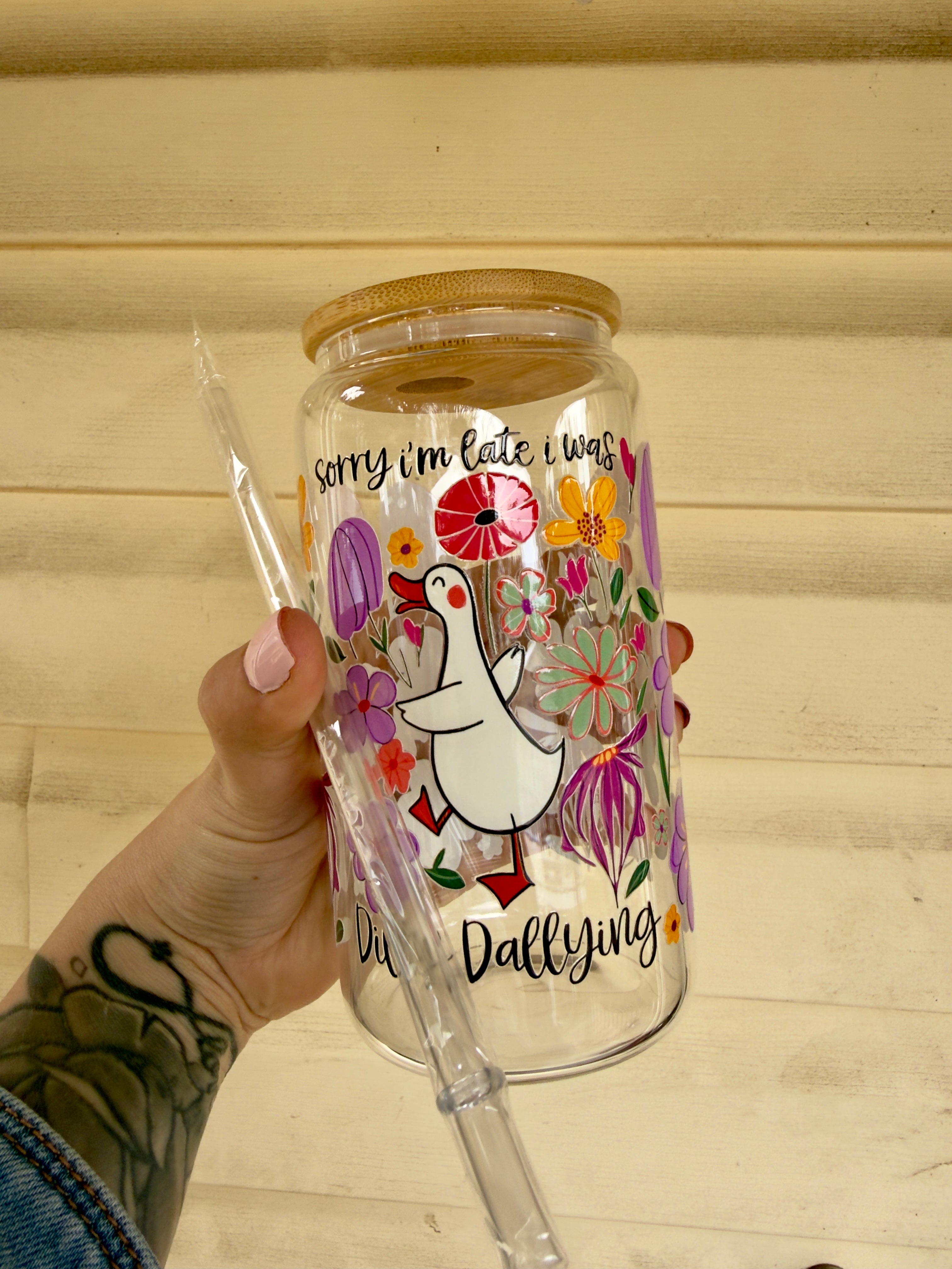 Sorry I’m Late, I Was Dilly‑Dallying Cup | Glass Can with Bamboo Lid | 16oz Tumbler