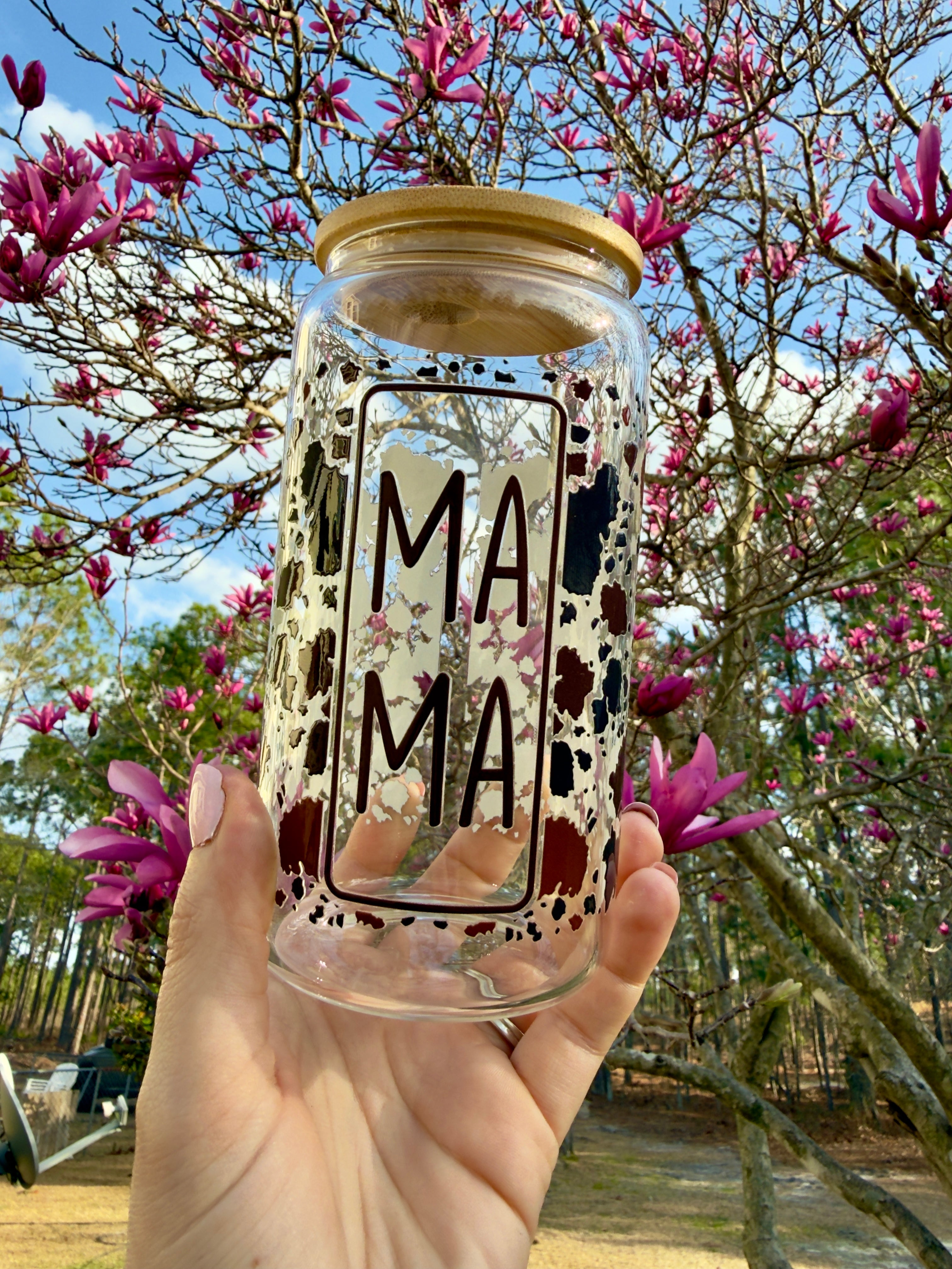 MAMA Glass Can Cup | Brown & Black Cowprint | 16oz with Bamboo Lid + Straw