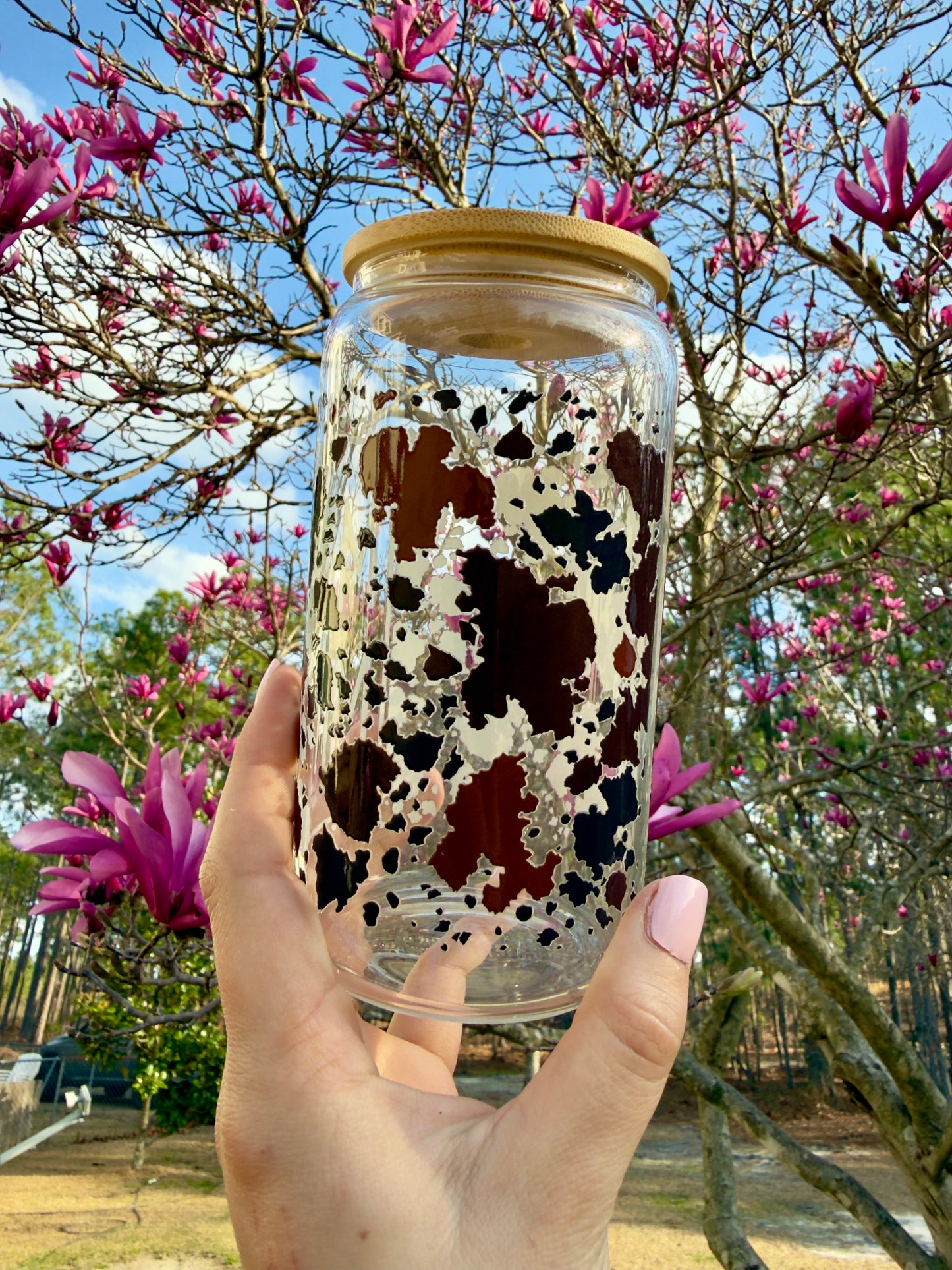 Cowprint MAMA 16 oz Glass Can w/ Straw