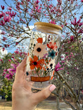 Floral Iced Coffee Cup 16oz | Colorful Flower Glass Can with Bamboo Lid