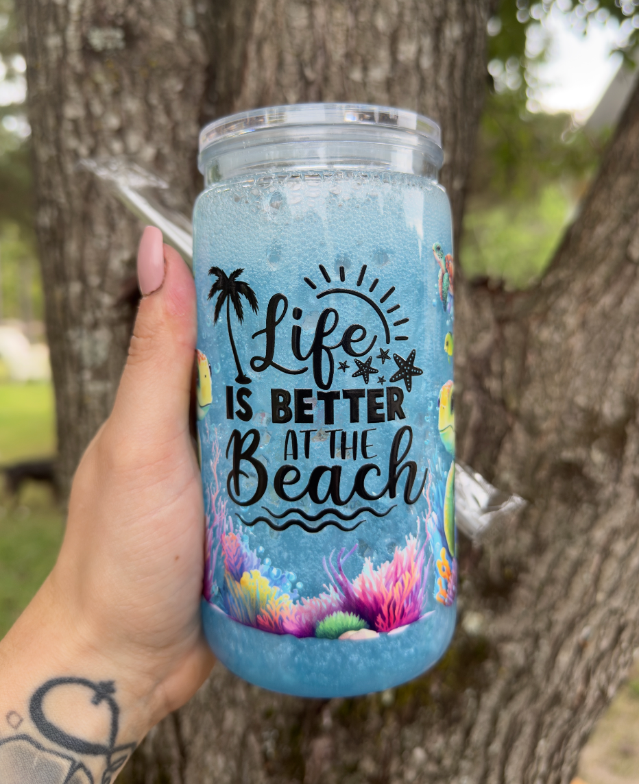 Life is Better at the Beach 16 oz Snowglobe Tumbler w/ Straw