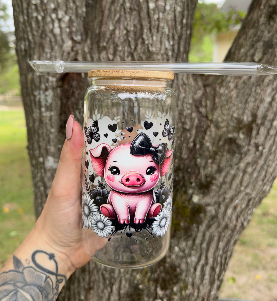 Pig with Bow 16 oz Glass Can w/ Straw
