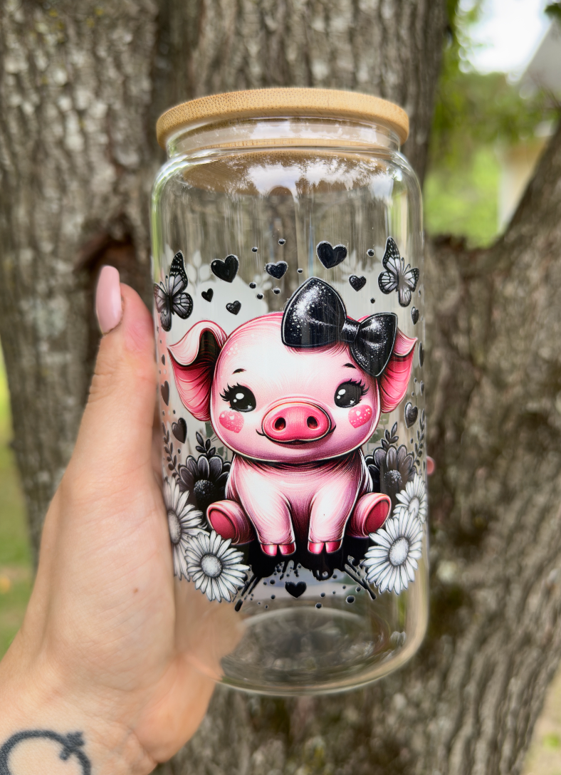 Pig with Bow 16 oz Glass Can w/ Straw