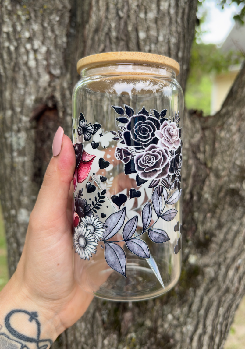 Pig with Bow 16 oz Glass Can w/ Straw