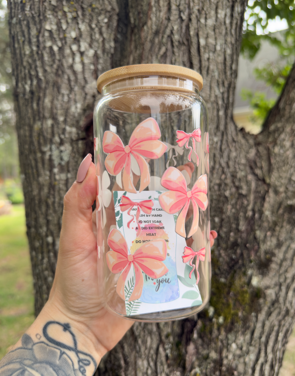 Pink Bow 16 oz Glass Can w/ Straw