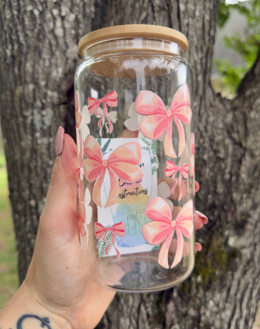 Pink Bow 16 oz Glass Can w/ Straw