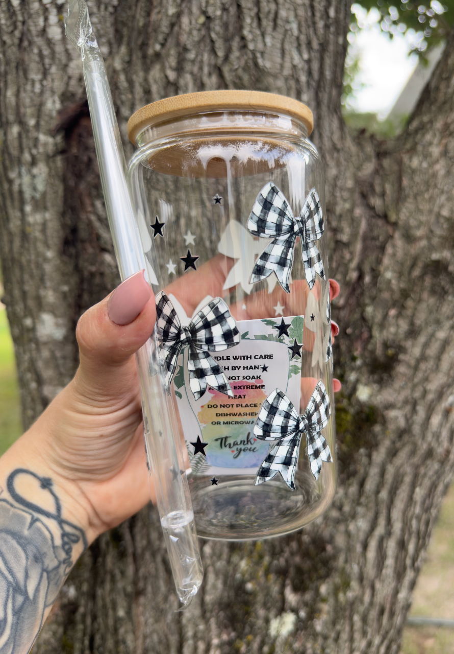 Plaid Bow 16 oz Glass Can w/ Straw