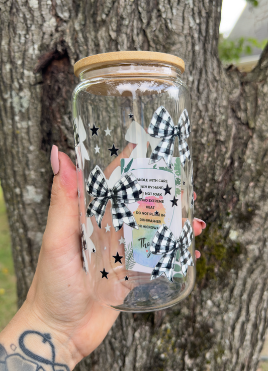 Plaid Bow 16 oz Glass Can w/ Straw