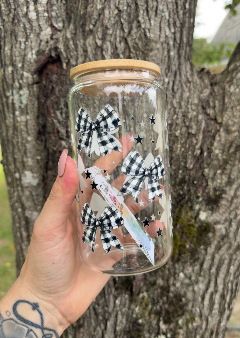 Plaid Bow 16 oz Glass Can w/ Straw