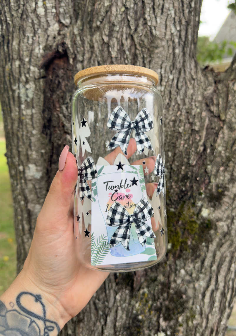 Plaid Bow 16 oz Glass Can w/ Straw