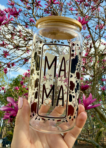 MAMA Glass Can Cup | Brown & Black Cowprint | 16oz with Bamboo Lid + Straw