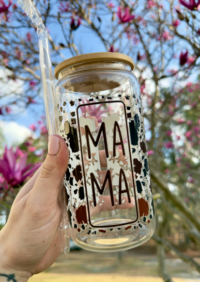MAMA Glass Can Cup | Brown & Black Cowprint | 16oz with Bamboo Lid + Straw