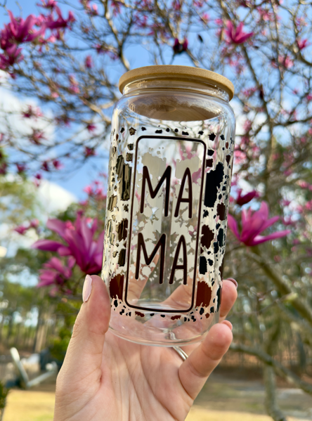 MAMA Glass Can Cup | Brown & Black Cowprint | 16oz with Bamboo Lid + Straw