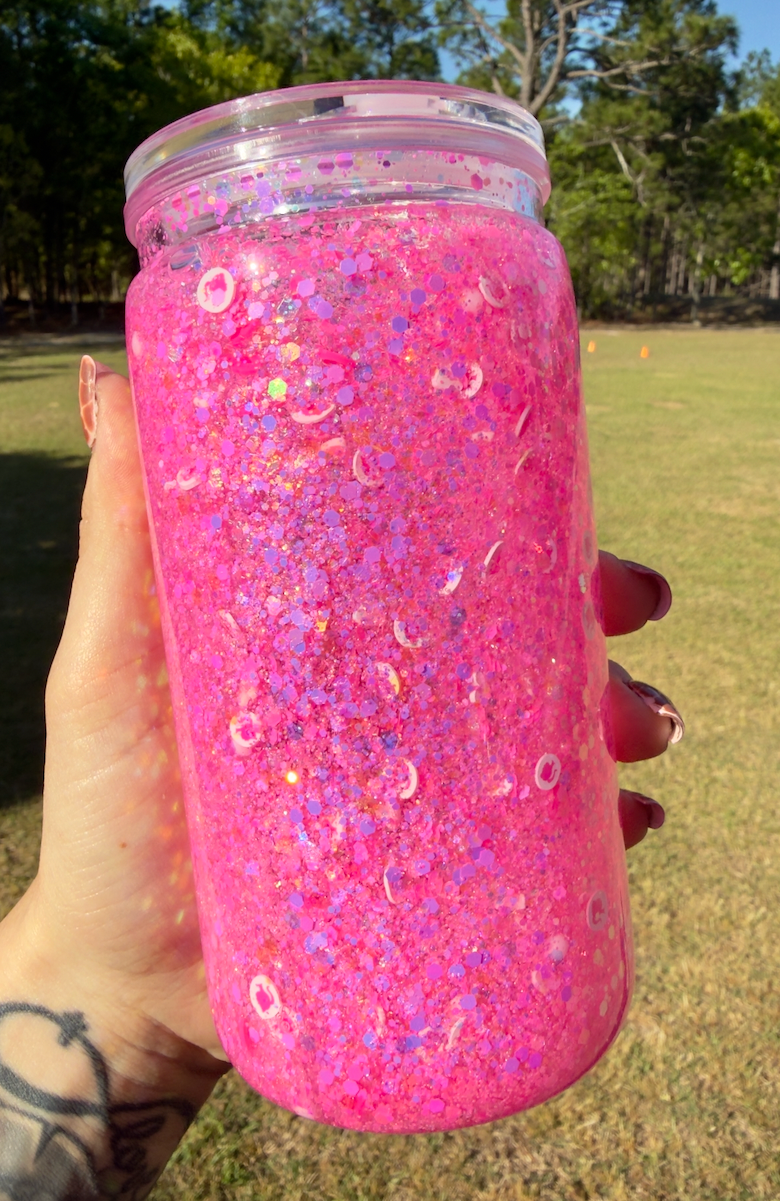 Pink Glitter 16 oz Snowglobe Tumbler w/ Straw