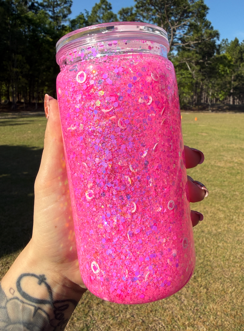 Pink Glitter 16 oz Snowglobe Tumbler w/ Straw