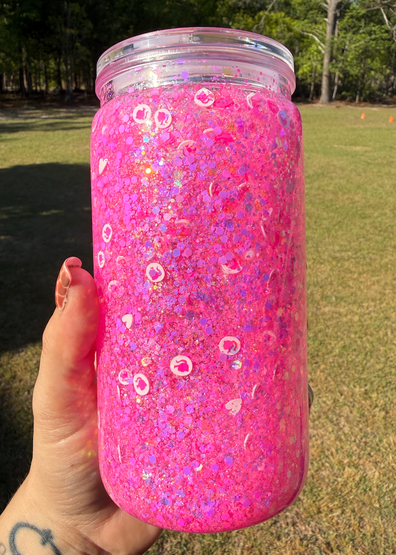 Pink Glitter 16 oz Snowglobe Tumbler w/ Straw